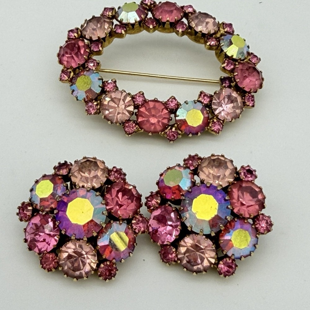 Vintage Rhinestone Brooch & Earrings Set Pink AB Crystal Cupcake Setting